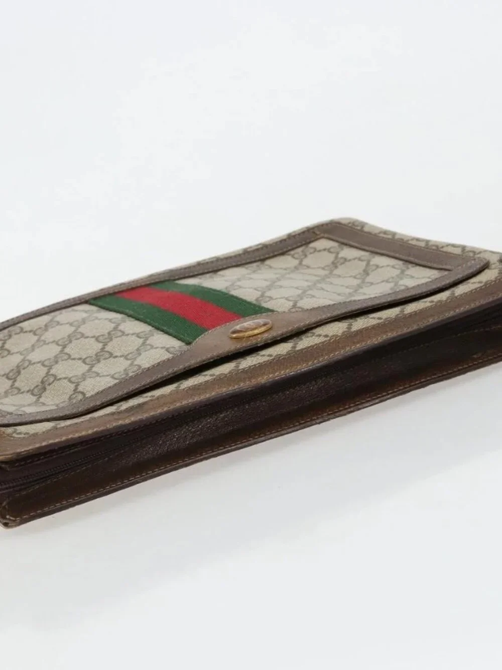 GUCCI GG Supreme Web Sherry Line Clutch Bag PVC Beige Gold Auth 182207